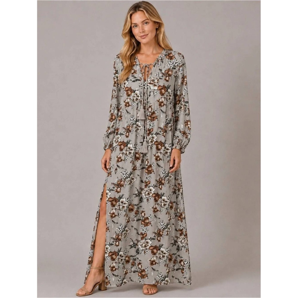 Natural Life Floral Maxi Dress Gray Boho Tassel Tie Long Sleeve Side Slit Small